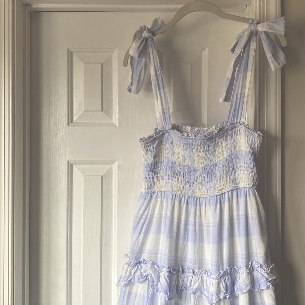 Storia Size M Ruffled Maxi Dress in light blue, cream and yellow plaid.